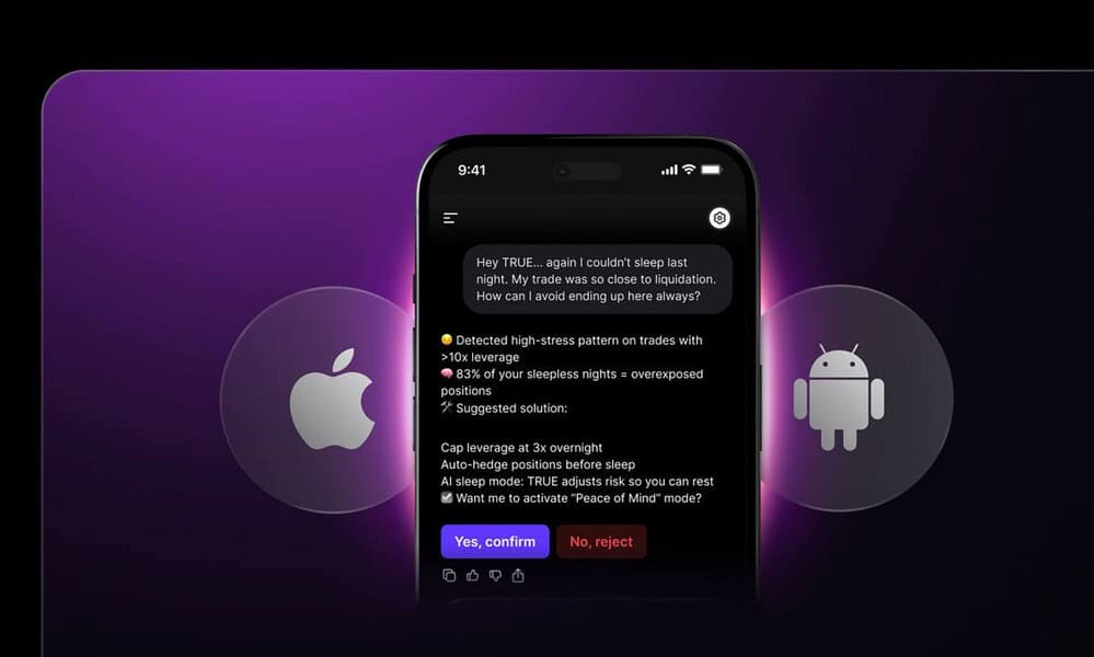 AI-powered trading app on smartphone screen displaying stress detection and trading tips for Apple and Android devices, highlighting financial technology innovation.