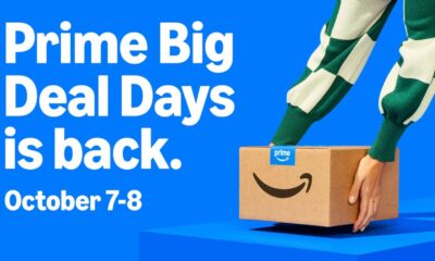 Prime Big Deal Days is back promotion with a person holding an Amazon Prime box against a blue background.