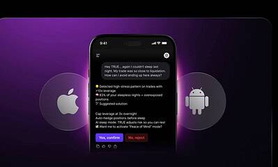AI-powered trading app on smartphone screen displaying stress detection and trading tips for Apple and Android devices, highlighting financial technology innovation.