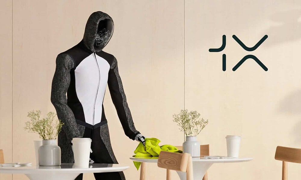 Futuristic robot in casual setting with plants and coffee cups, showcasing AI technology integration and innovation in robotics, highlighting advancements in AI-powered humanoid robots.