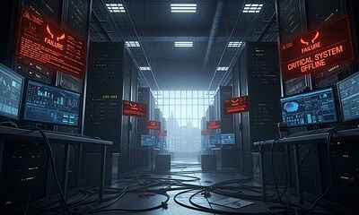 Failing server racks with multiple monitors displaying error messages and system failure alerts, including "CRITICAL SYSTEM OFFLINE" and "FAILURE," in a data center or server room.