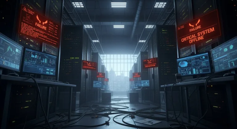 Failing server racks with multiple monitors displaying error messages and system failure alerts, including "CRITICAL SYSTEM OFFLINE" and "FAILURE," in a data center or server room.