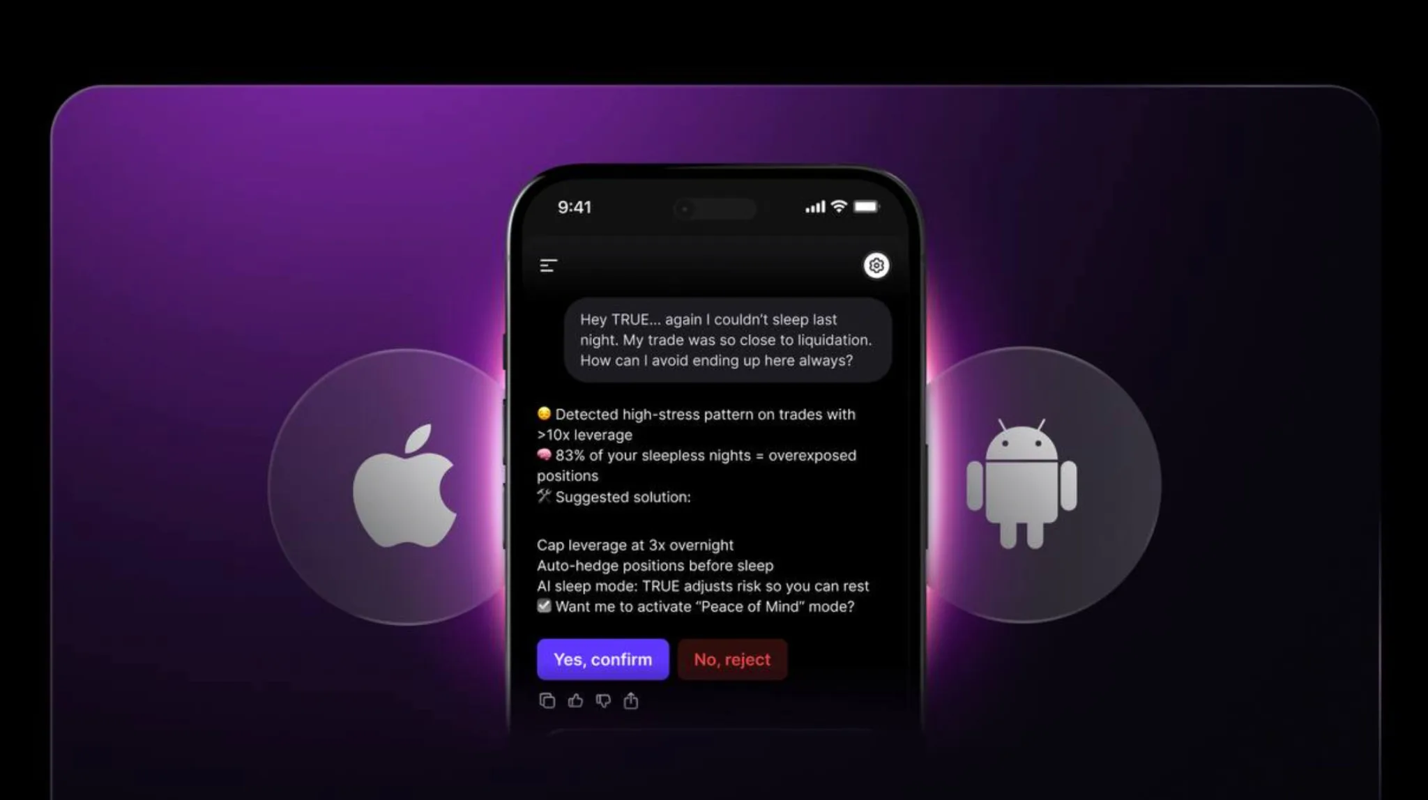 AI-powered trading app on smartphone screen displaying stress detection and trading tips for Apple and Android devices, highlighting financial technology innovation.