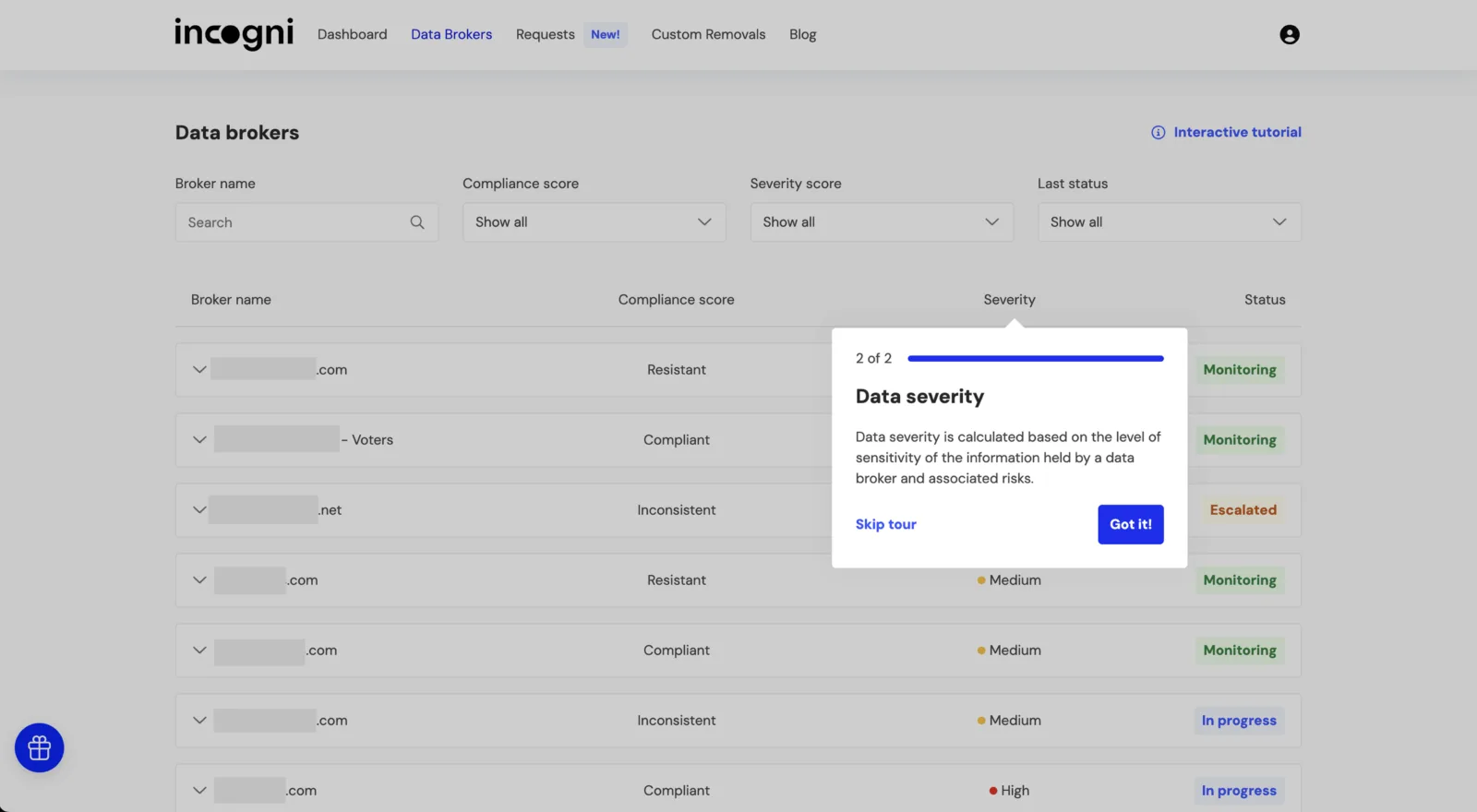 Data brokers compliance and severity dashboard interface.