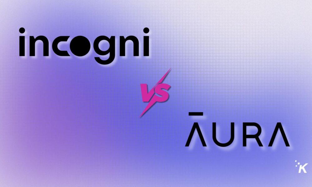 AI-generated comparison graphic of Incogni vs Aura, highlighting differences in data privacy and online security services, with vibrant purple and blue gradient background.