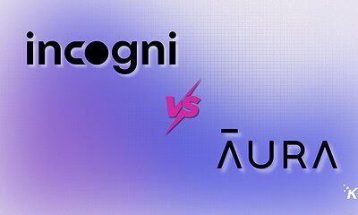 AI-generated comparison graphic of Incogni vs Aura, highlighting differences in data privacy and online security services, with vibrant purple and blue gradient background.
