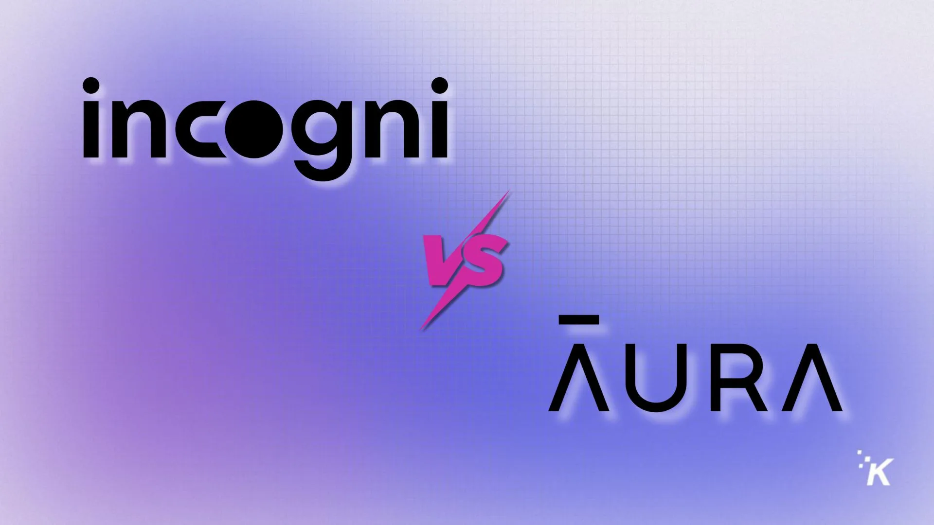 AI-generated comparison graphic of Incogni vs Aura, highlighting differences in data privacy and online security services, with vibrant purple and blue gradient background.