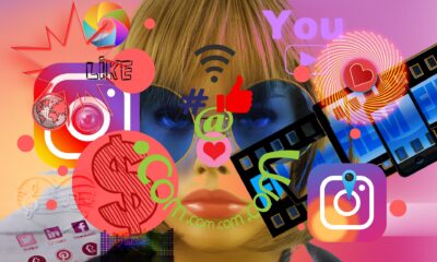 Social media digital marketing concepts representing connectivity and online interaction, featuring icons for Instagram, Facebook, Twitter, and messaging apps with a woman wearing sunglasses in the background.