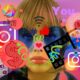 Social media digital marketing concepts representing connectivity and online interaction, featuring icons for Instagram, Facebook, Twitter, and messaging apps with a woman wearing sunglasses in the background.