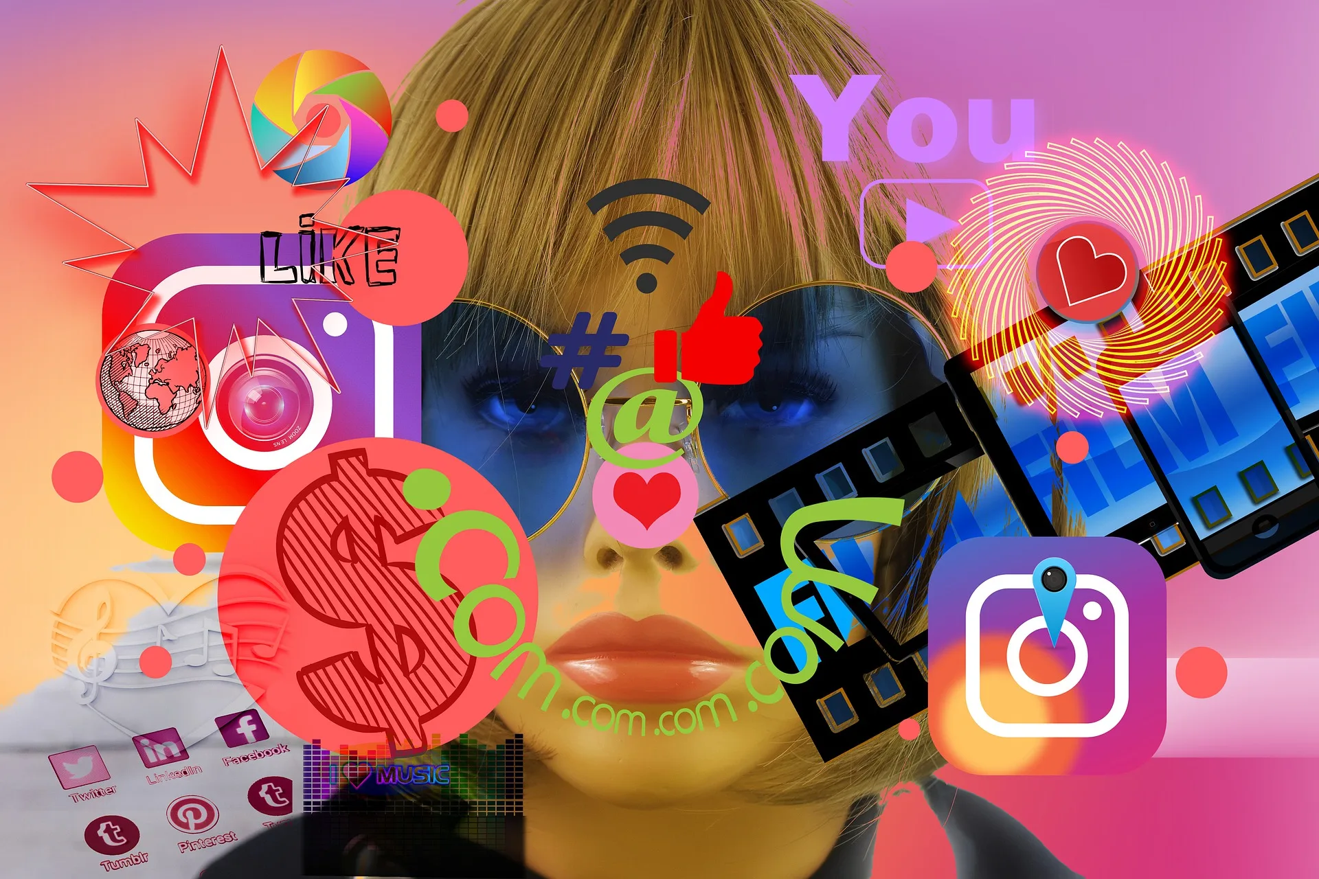 Social media digital marketing concepts representing connectivity and online interaction, featuring icons for Instagram, Facebook, Twitter, and messaging apps with a woman wearing sunglasses in the background.