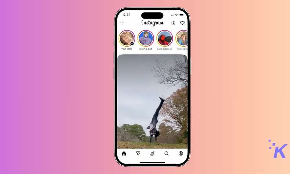 A person performing a handstand outdoors on an iPhone screen showing Instagram app interface with stories and icons.