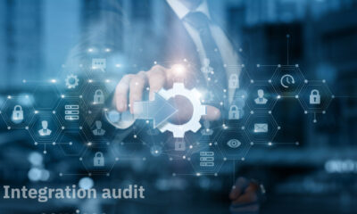 Secure digital integration and cybersecurity icons representing audit services and technology management.