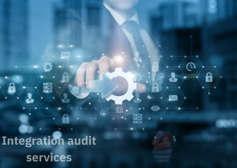 Secure digital integration and cybersecurity icons representing audit services and technology management.