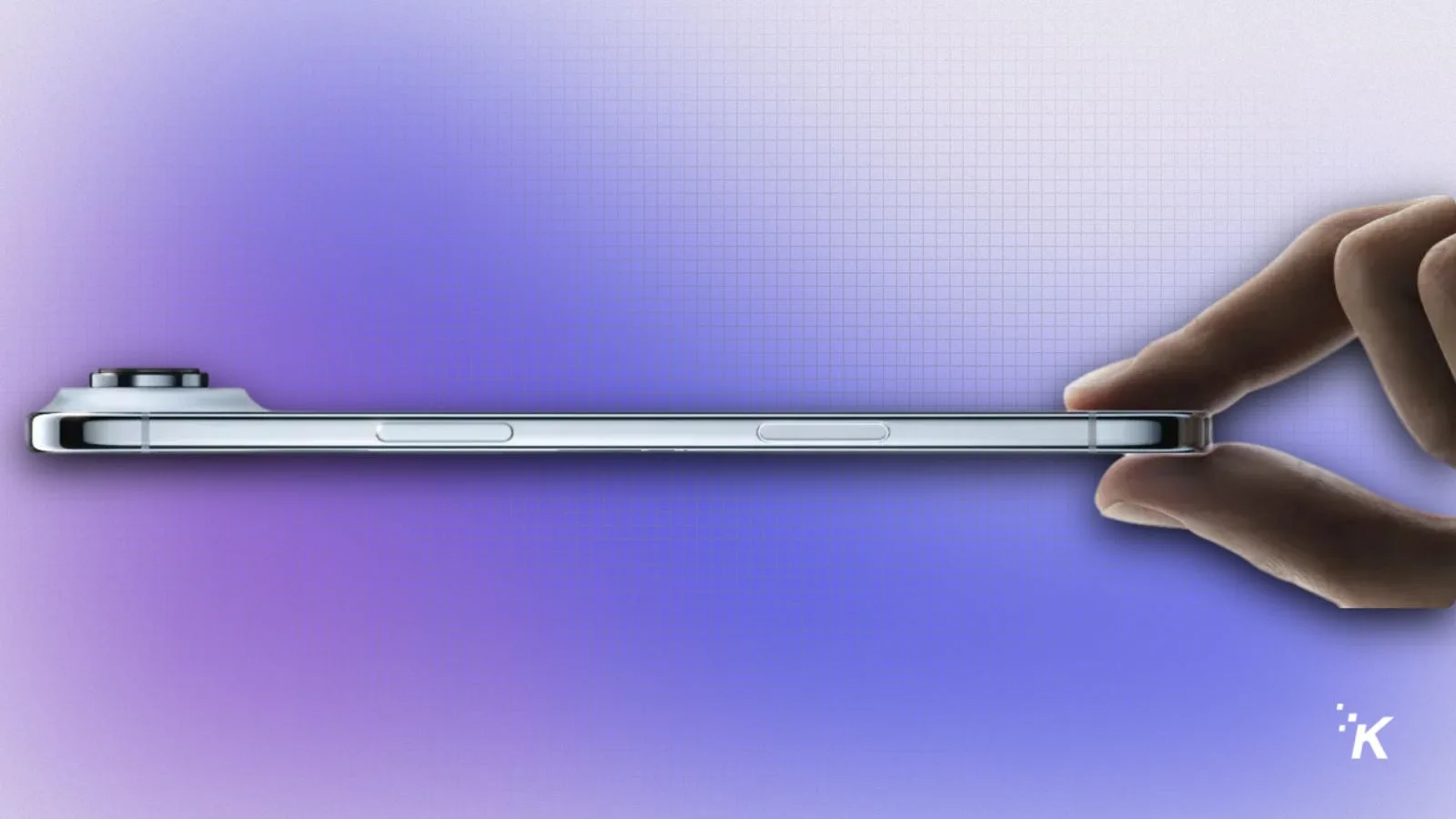 Sleek modern smartphone with a slim profile, held between fingers against a gradient purple background. Perfect for showcasing new mobile device design and technology features.