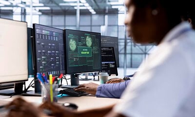 AI-driven cybersecurity expert analyzing digital security systems on multiple monitors in a modern office.