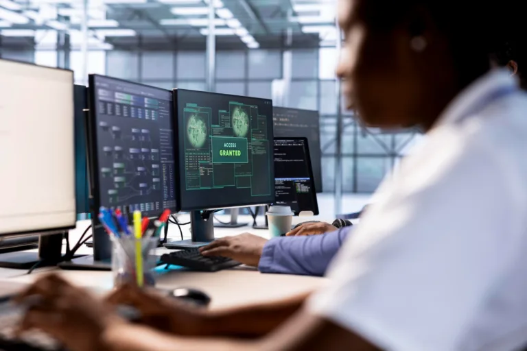 AI-driven cybersecurity expert analyzing digital security systems on multiple monitors in a modern office.
