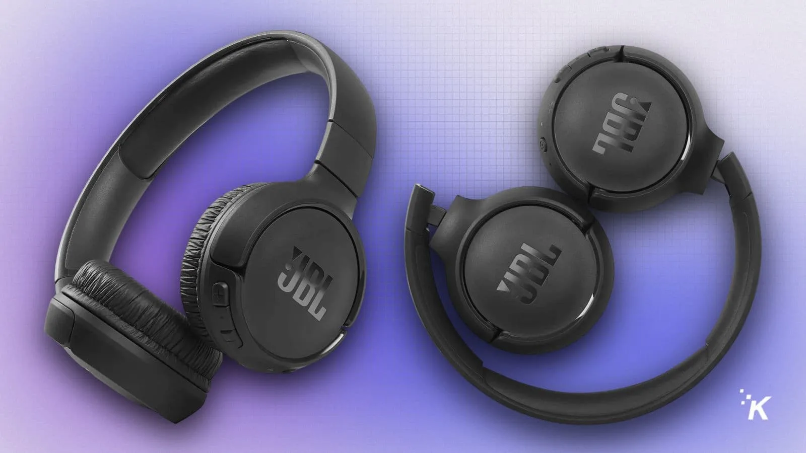 JBL over-ear wireless headphones with foldable design on a purple gradient background.