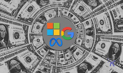 Money, US dollar bills, with Google and infinity symbols overlay, representing financial growth, digital currency, or tech investment concepts.