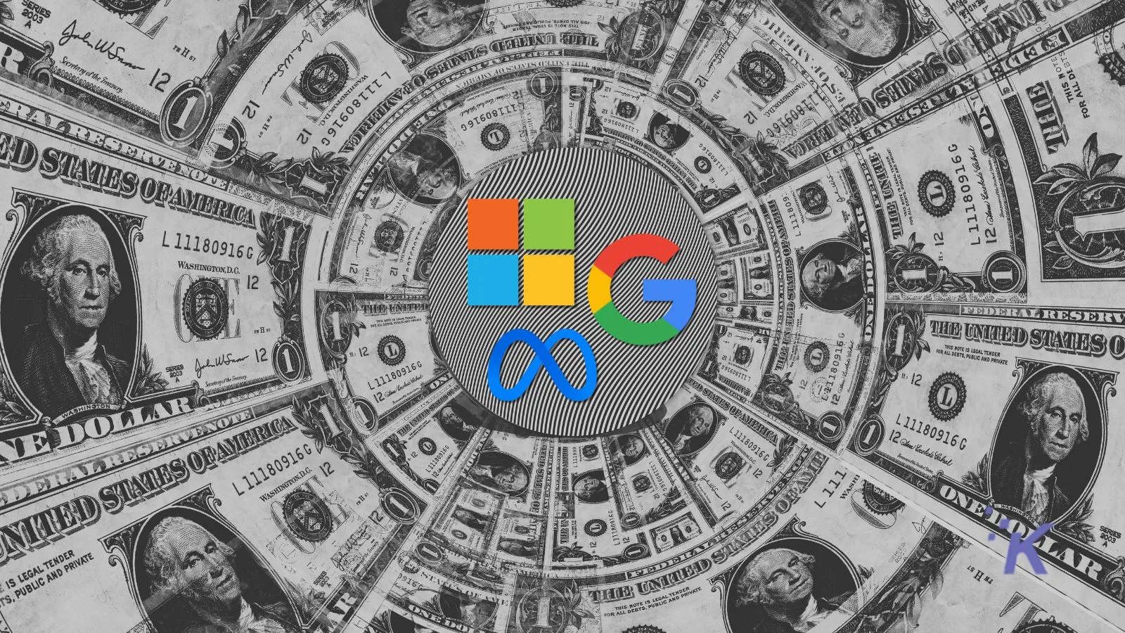 Money, US dollar bills, with Google and infinity symbols overlay, representing financial growth, digital currency, or tech investment concepts.