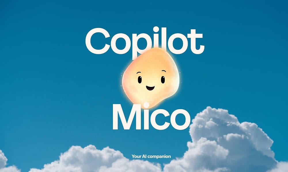 Bright AI-powered Mico character resembling a glowing bean smiling, floating among puffy clouds under a clear blue sky with "Copilot Mico" text overlay, representing an innovative AI assistant.