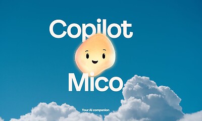Bright AI-powered Mico character resembling a glowing bean smiling, floating among puffy clouds under a clear blue sky with "Copilot Mico" text overlay, representing an innovative AI assistant.
