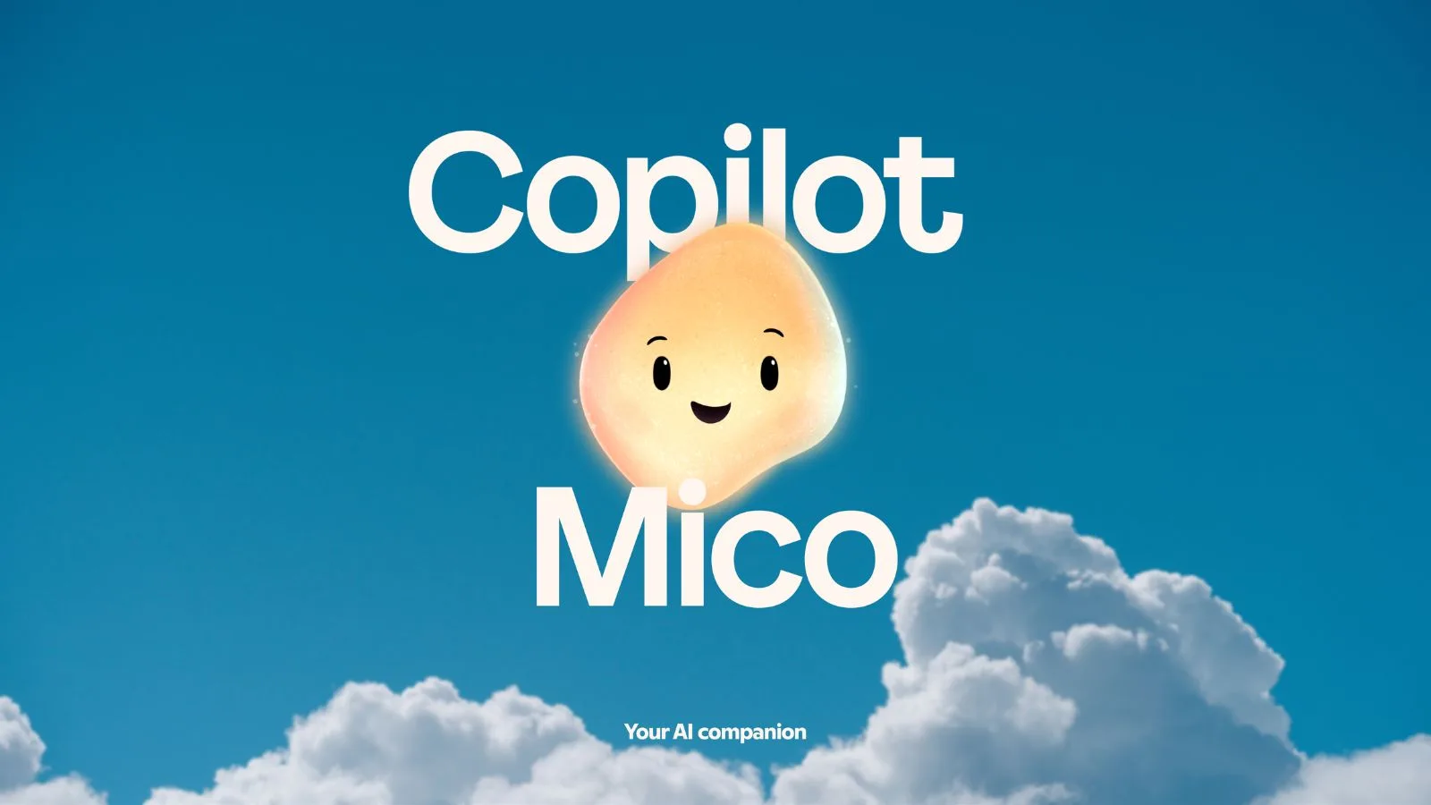 Bright AI-powered Mico character resembling a glowing bean smiling, floating among puffy clouds under a clear blue sky with "Copilot Mico" text overlay, representing an innovative AI assistant.