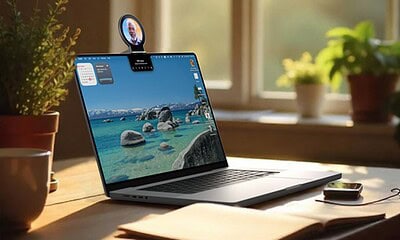 Virtual meeting on a laptop with a nature desktop background, featuring a webcam displaying an elderly man, in a cozy, sunlit home office setting with potted plants.
