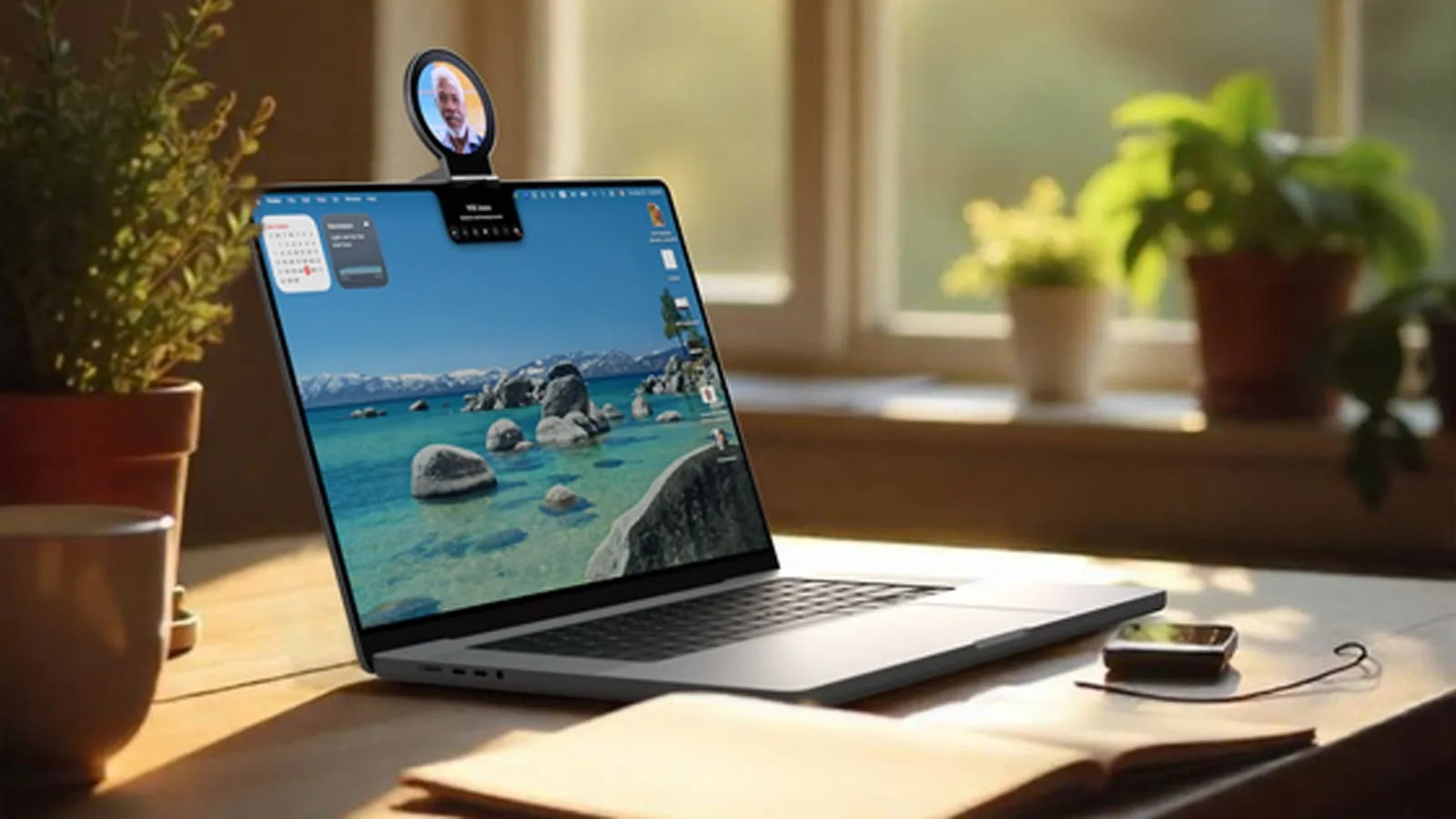 Virtual meeting on a laptop with a nature desktop background, featuring a webcam displaying an elderly man, in a cozy, sunlit home office setting with potted plants.