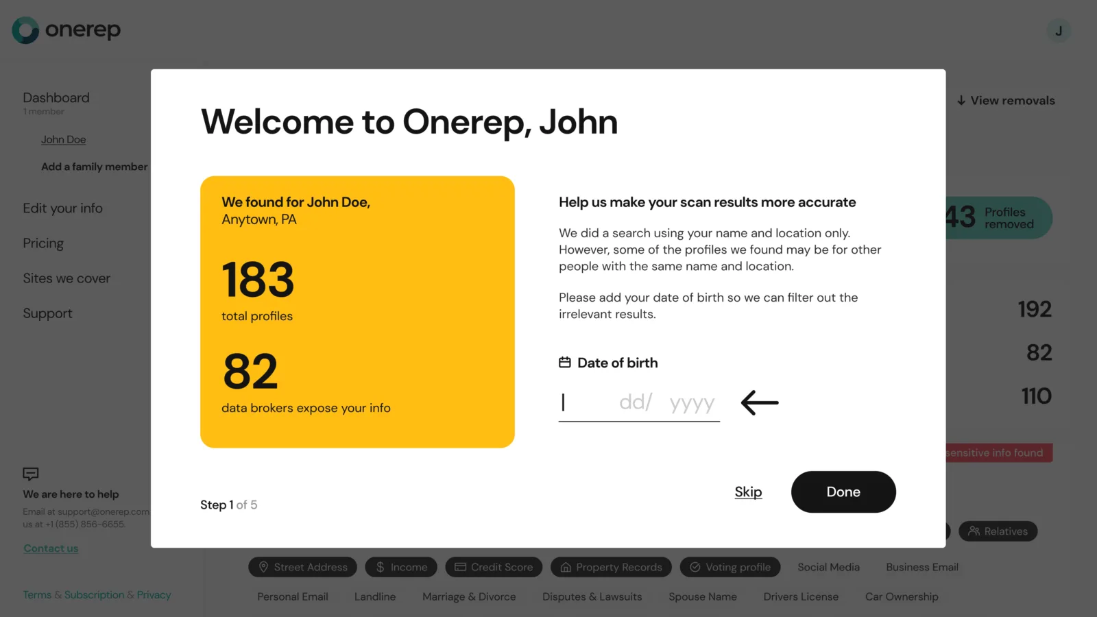 183 total profile results on OneRep platform for John Doe, with data breaches exposing his information through 82 brokers. Users are prompted to add their birth date to improve scan accuracy.
