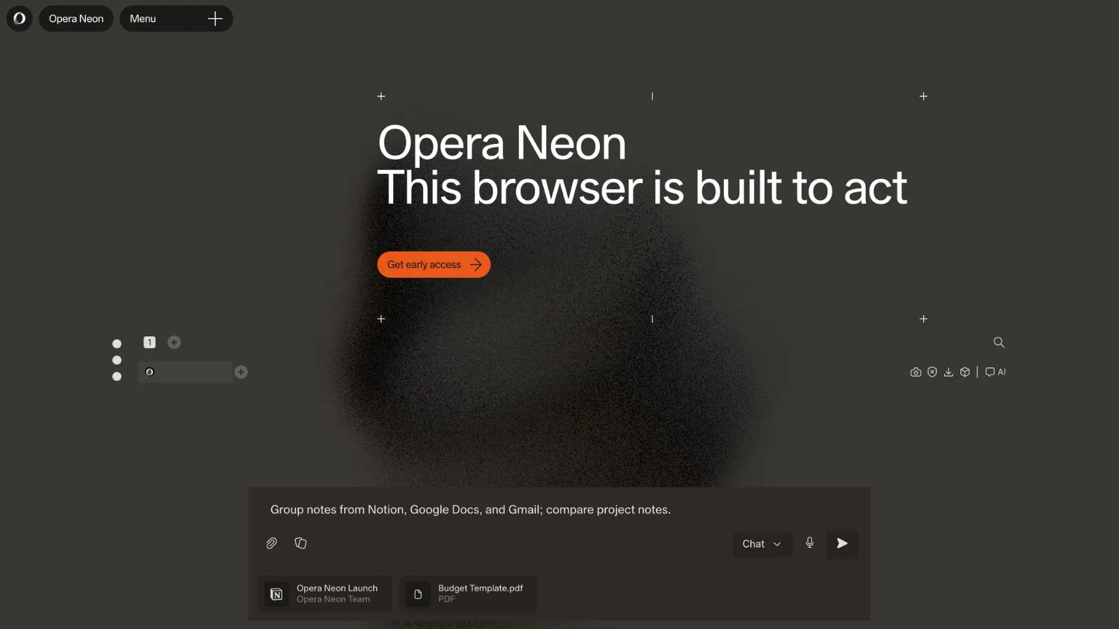 Advanced web browser homepage showcasing Opera Neon browser with modern interface, customizable themes, and integrated productivity tools for enhanced browsing experience.