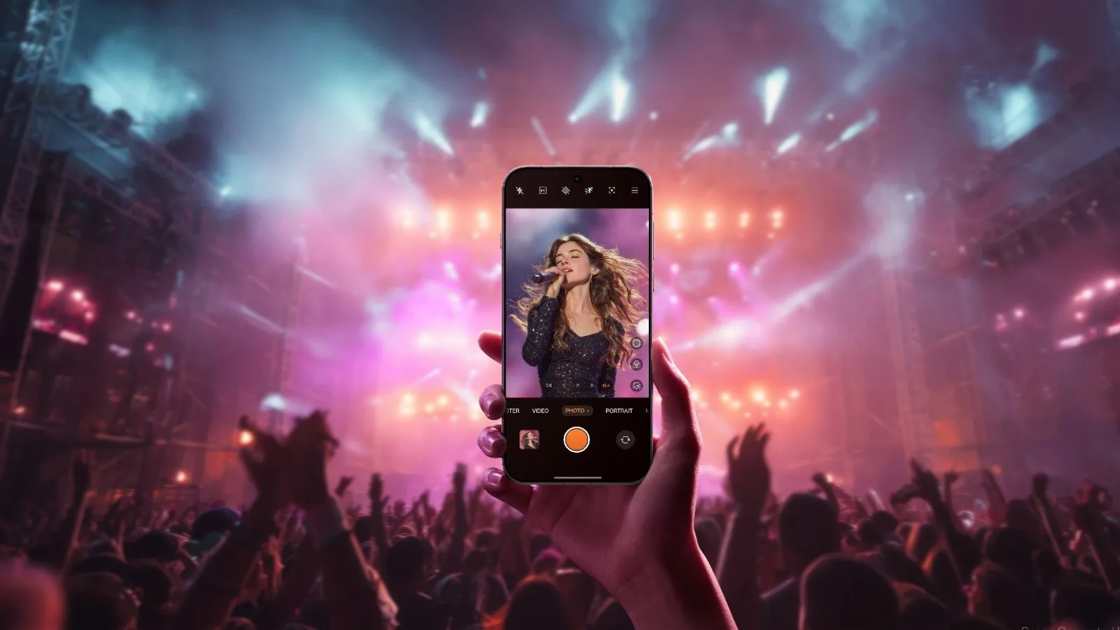 Concert stage with colorful lights and singing.