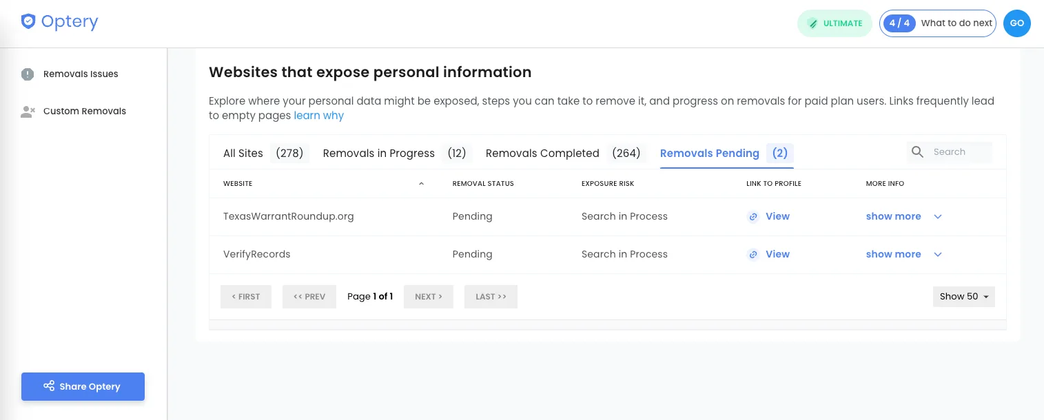 Pending personal information removal tracking page.