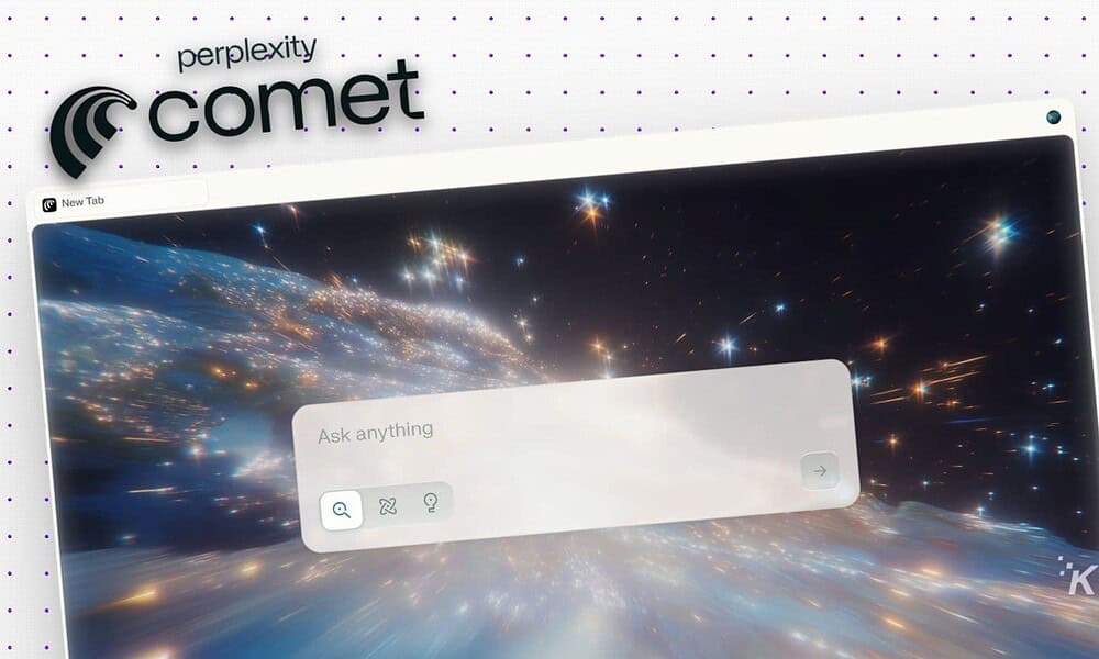 Futuristic digital interface showing a space-themed background with a search bar and AI assistant, representing innovative technology and advanced AI tools from KnowTechie.