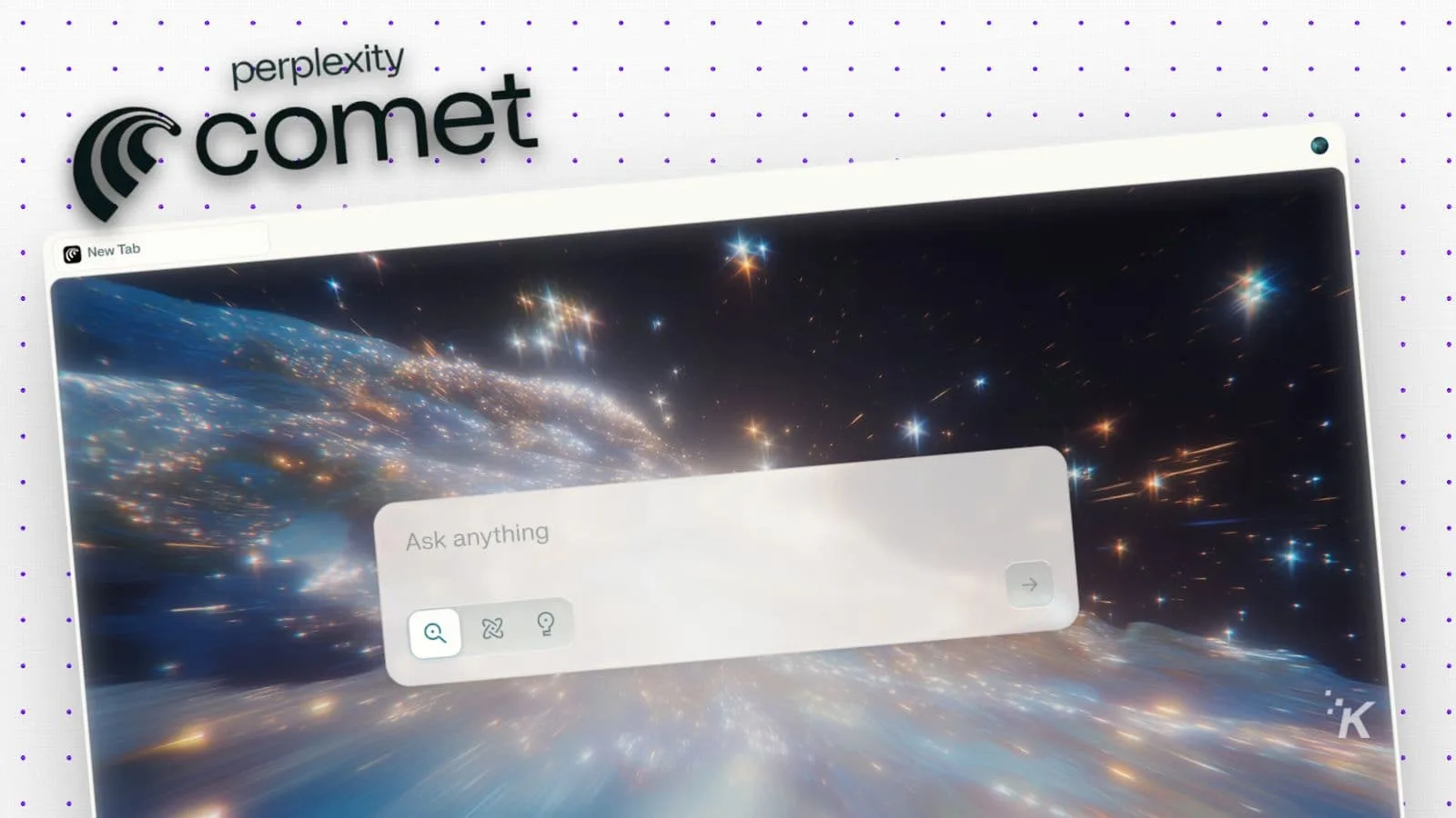 Futuristic digital interface showing a space-themed background with a search bar and AI assistant, representing innovative technology and advanced AI tools from KnowTechie.
