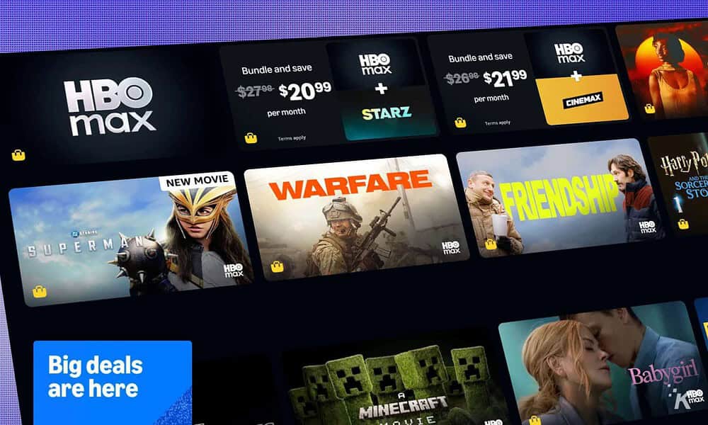 HD streaming service homepage featuring HBO Max, with popular movies and TV shows like Superman, Warfare, Friendship, Harry Potter, and Minecraft, offering monthly subscription plans with discounts.