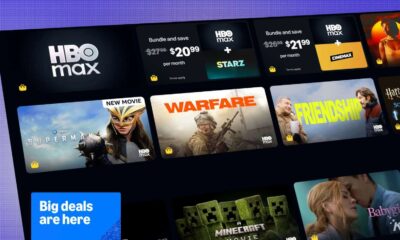 HD streaming service homepage featuring HBO Max, with popular movies and TV shows like Superman, Warfare, Friendship, Harry Potter, and Minecraft, offering monthly subscription plans with discounts.