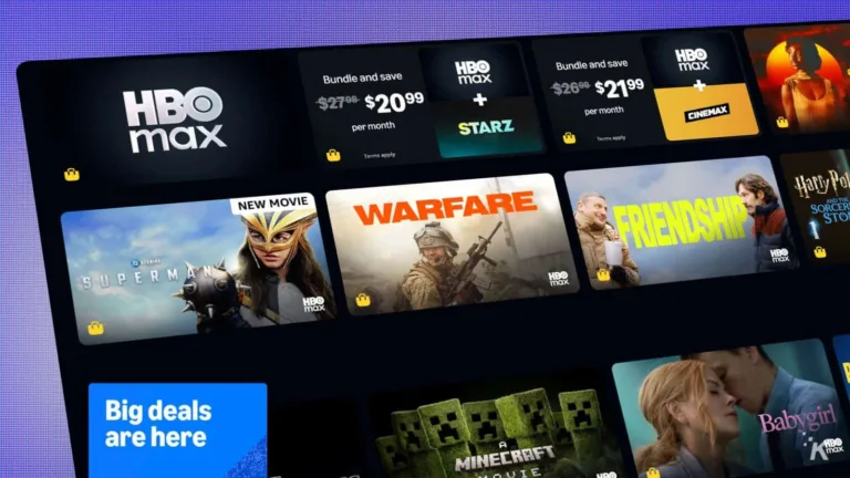 HD streaming service homepage featuring HBO Max, with popular movies and TV shows like Superman, Warfare, Friendship, Harry Potter, and Minecraft, offering monthly subscription plans with discounts.