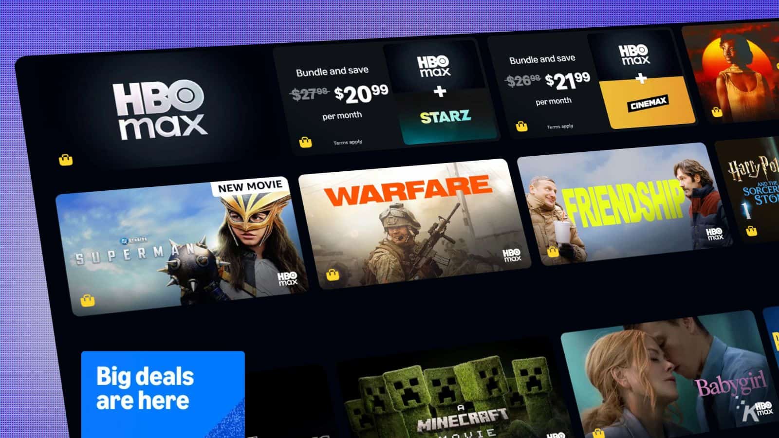 HD streaming service homepage featuring HBO Max, with popular movies and TV shows like Superman, Warfare, Friendship, Harry Potter, and Minecraft, offering monthly subscription plans with discounts.