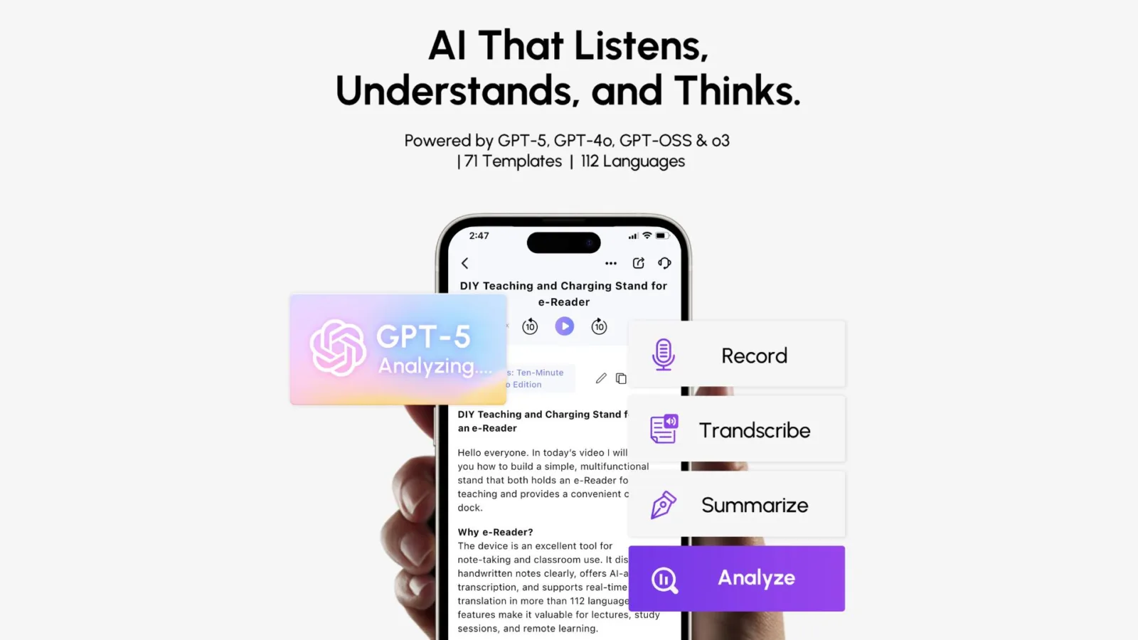 AI phone app: record, transcribe, summarize, analyze features.