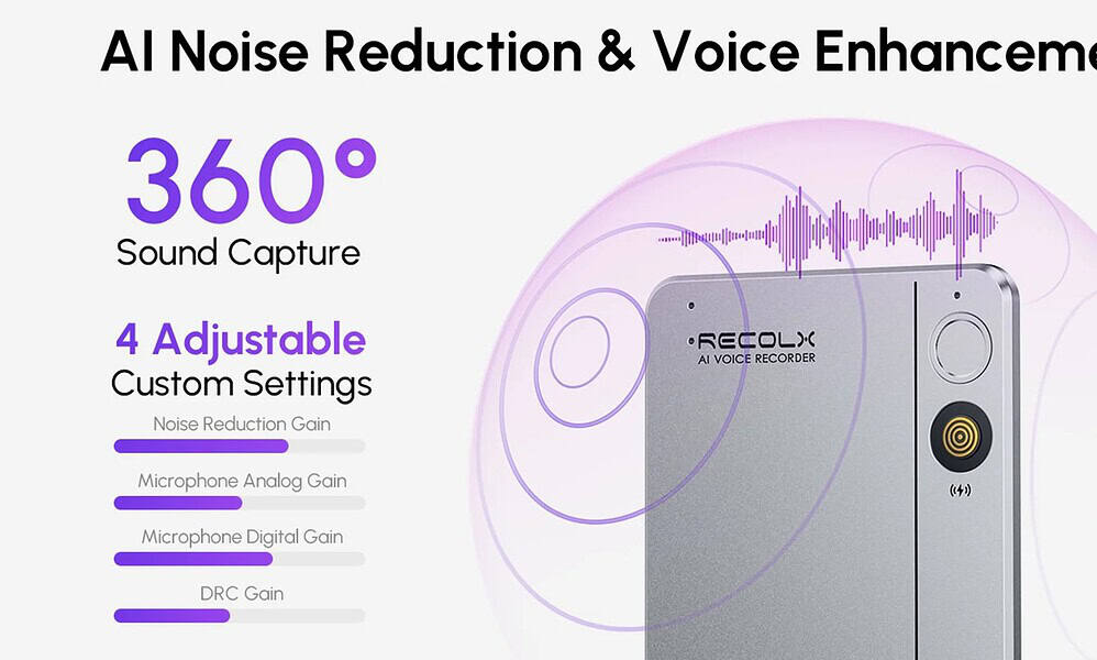 AI noise reduction and voice enhancement technology showcased with a portable AI voice recorder; features 360° sound capture and customizable settings.