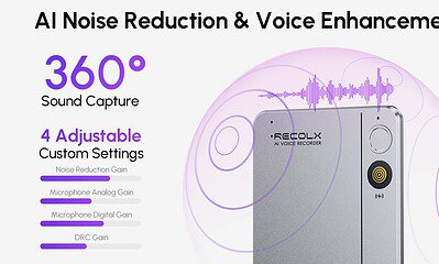 AI noise reduction and voice enhancement technology showcased with a portable AI voice recorder; features 360° sound capture and customizable settings.