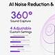 AI noise reduction and voice enhancement technology showcased with a portable AI voice recorder; features 360° sound capture and customizable settings.