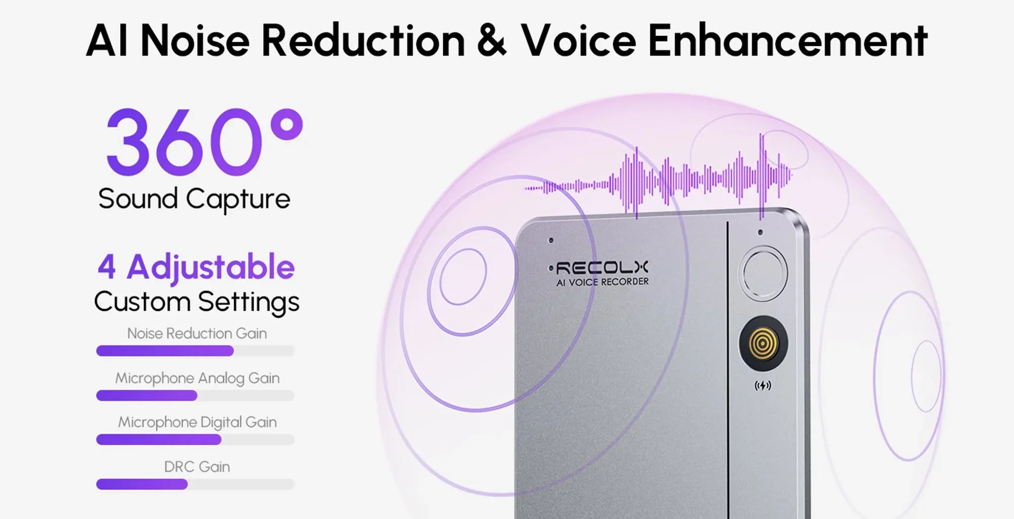 AI noise reduction and voice enhancement technology showcased with a portable AI voice recorder; features 360° sound capture and customizable settings.