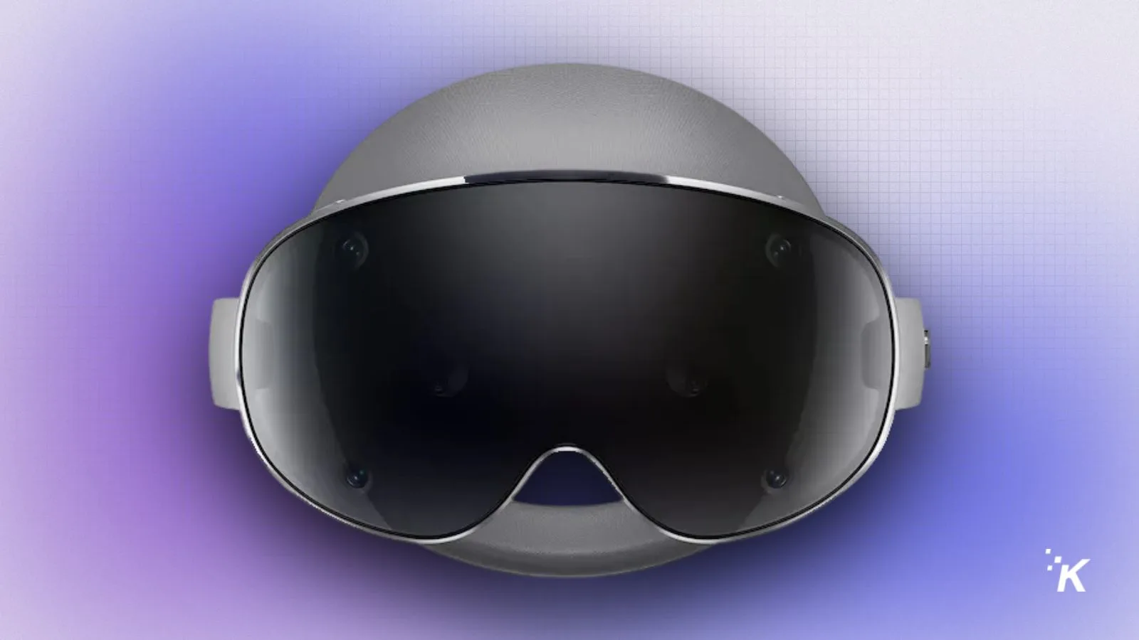 VR headset with black visor and built-in sensors on a purple background.