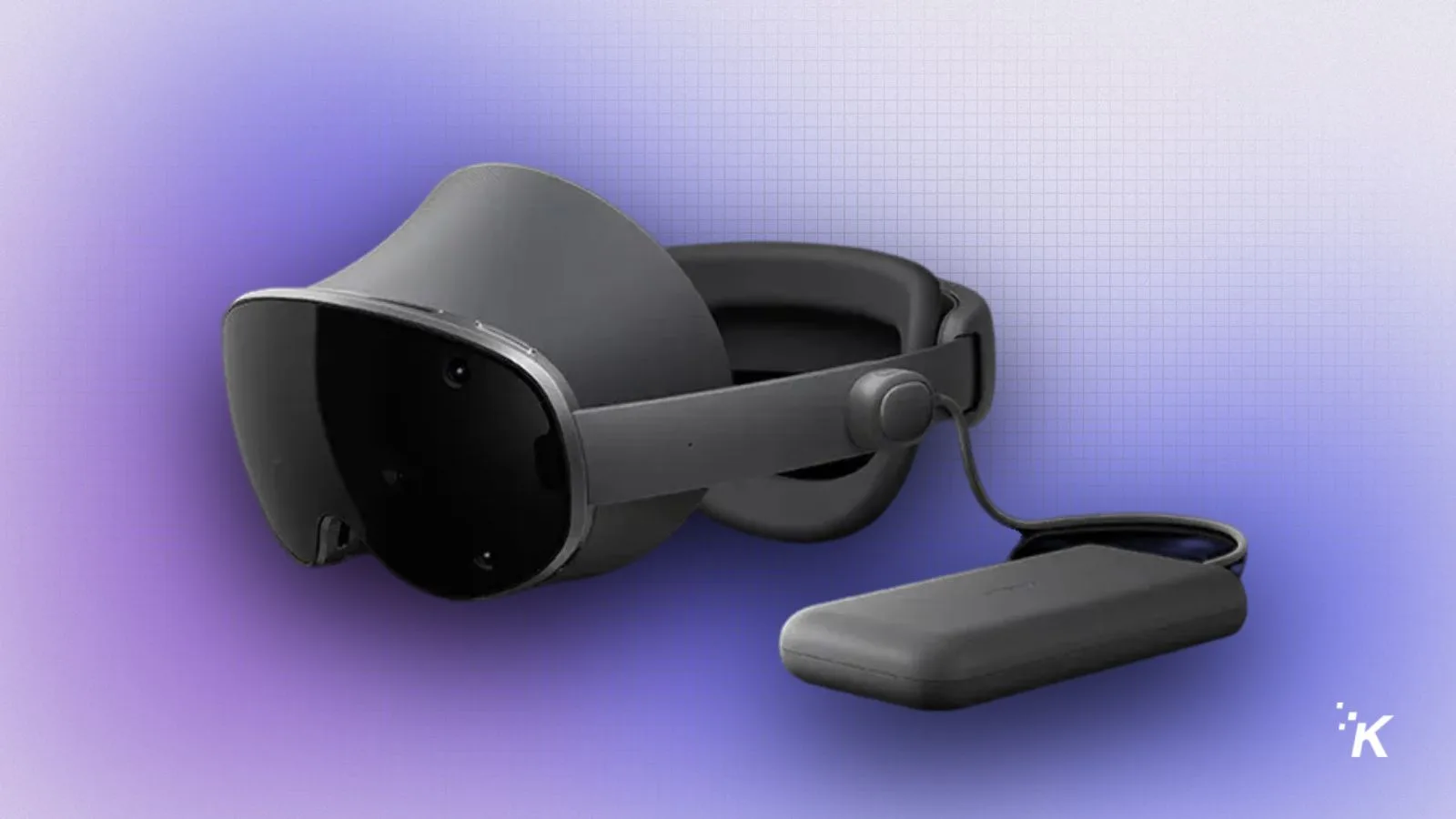 Virtual reality headset with attachment on a purple gradient background.