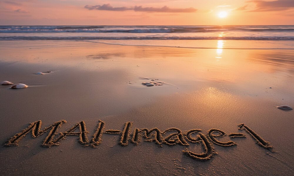 Sunset at the beach with "mail" written in sand on the shore, calm ocean waves, colorful sky, and footprints in the sand, creating a peaceful seaside scene.