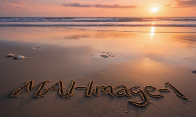 Sunset at the beach with "mail" written in sand on the shore, calm ocean waves, colorful sky, and footprints in the sand, creating a peaceful seaside scene.