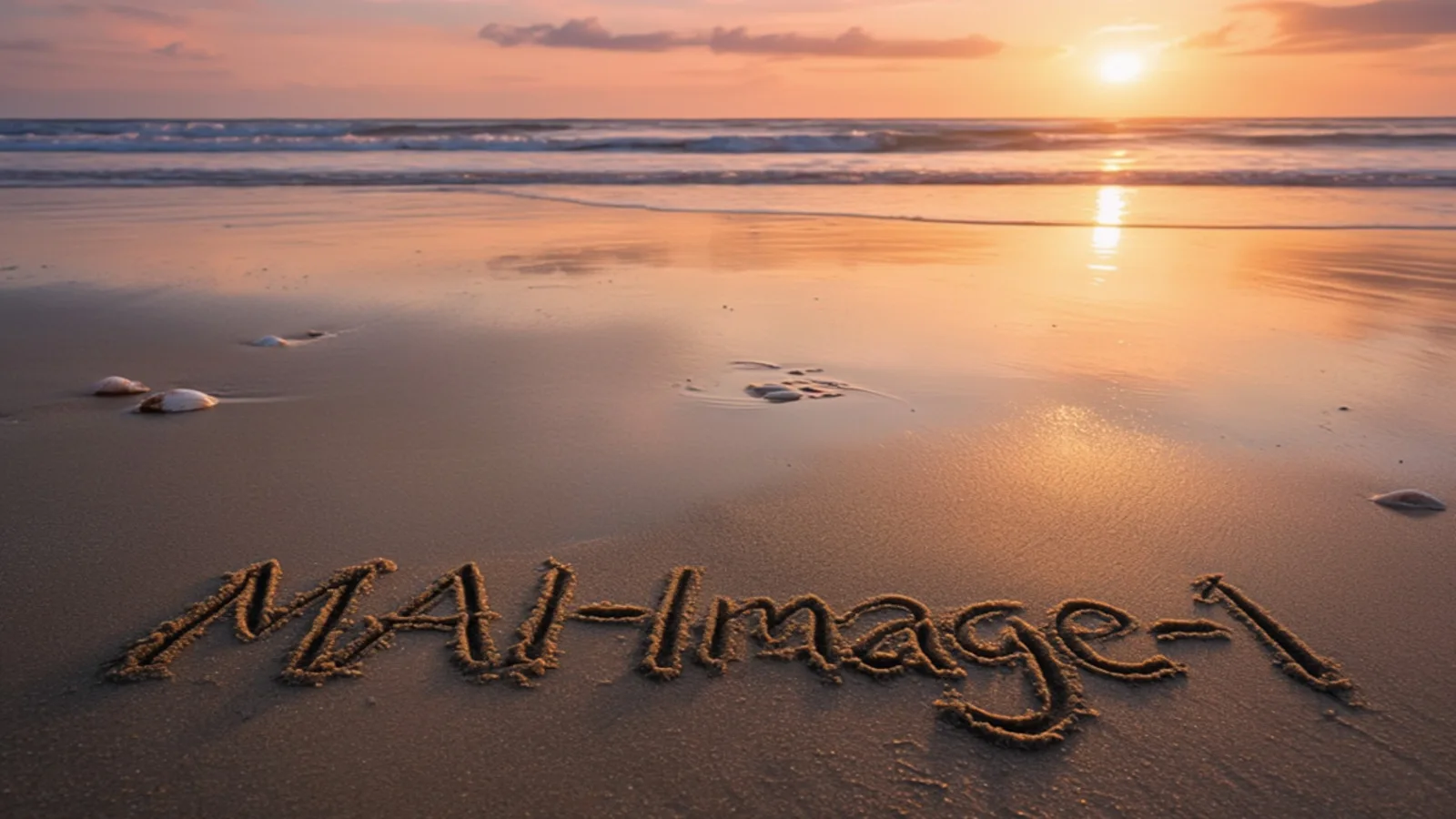 Sunset at the beach with "mail" written in sand on the shore, calm ocean waves, colorful sky, and footprints in the sand, creating a peaceful seaside scene.