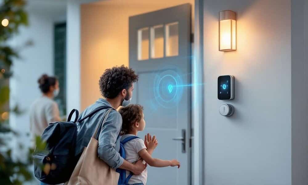 Indoor smart home security system with a family reaching the doorbell camera.