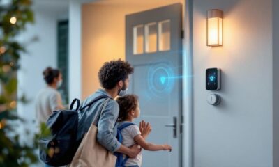 Indoor smart home security system with a family reaching the doorbell camera.